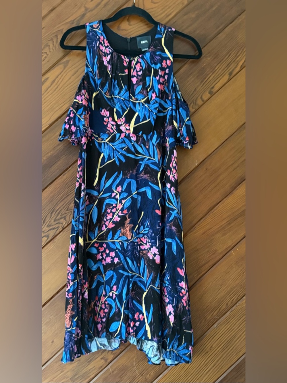 Maeve Black Cold-Shoulder Dress with Blue and Pink Floral Print